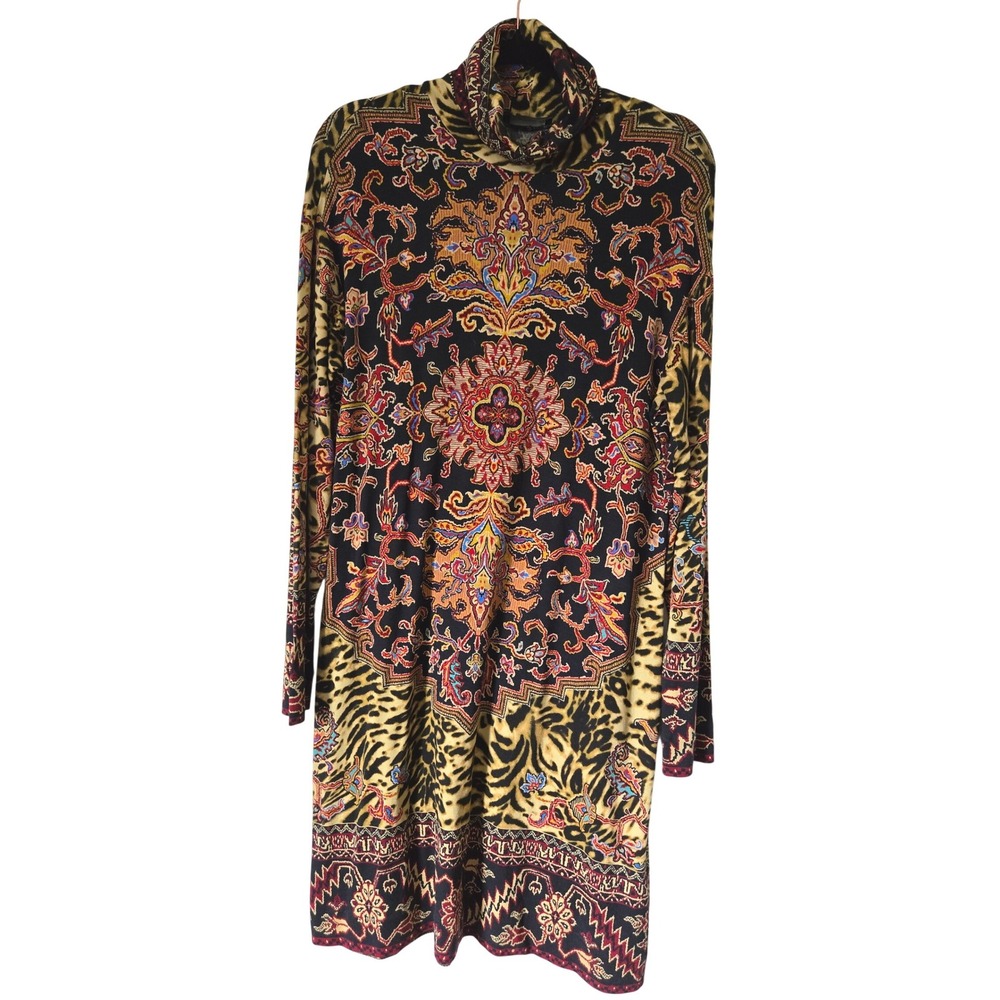 Etro‎ Italy 44 Dress Womens Multicolor Paisley Leopard Turtleneck Long Sleeve